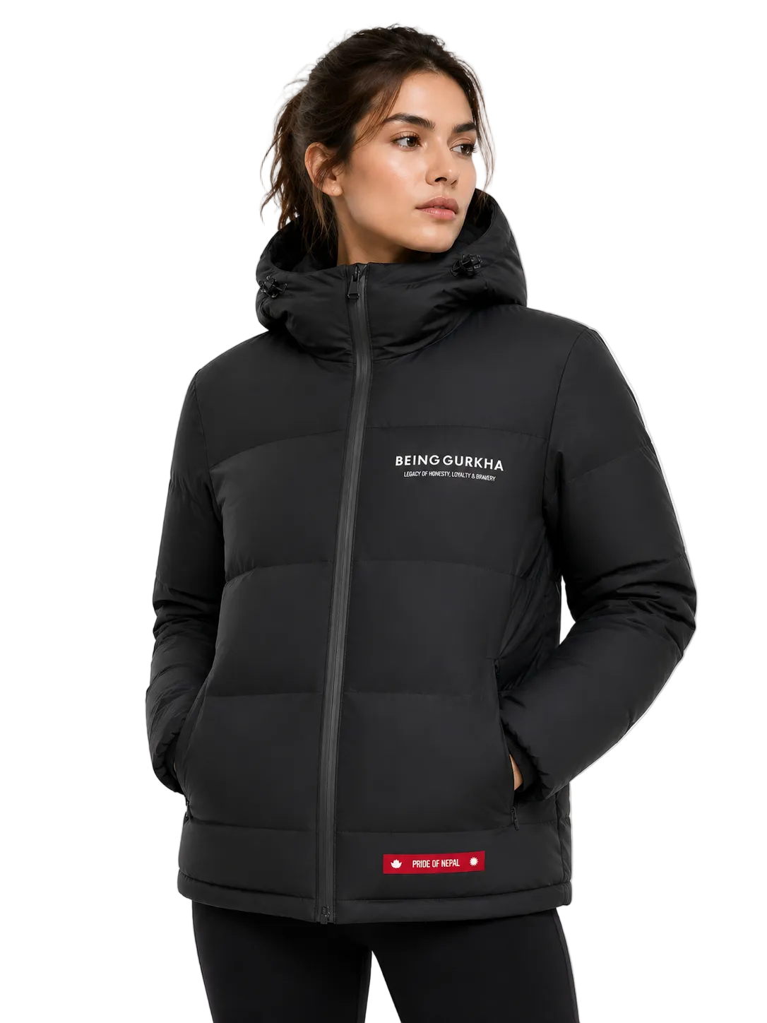 Being Gurkha Summit Sentinel Puffer Jacket in black — waterproof Gurkha heritage outerwear, Himalayan inspired