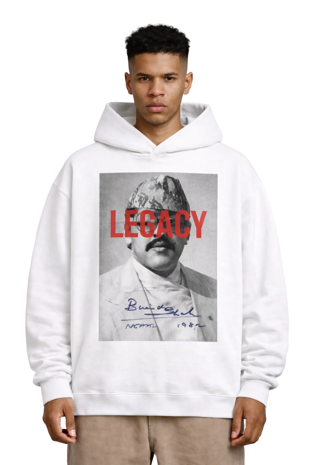 Being Gurkha A Signature in Time Hoodie in white — Nepalese Gurkha heritage premium hoodie, King Birendra tribute